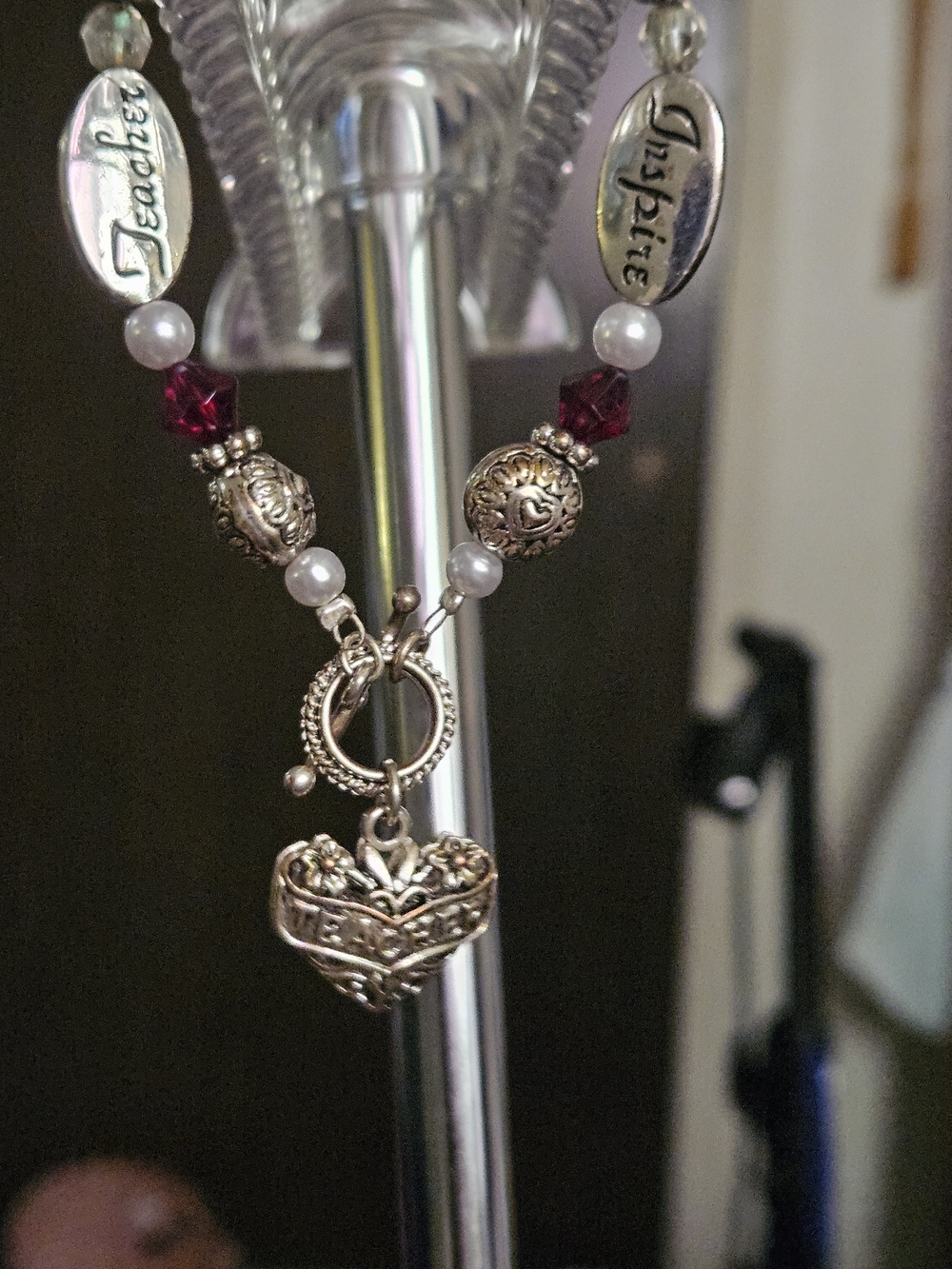 Silver Heart Toggle Teacher Bracelet with Burgundy Crystal Accents